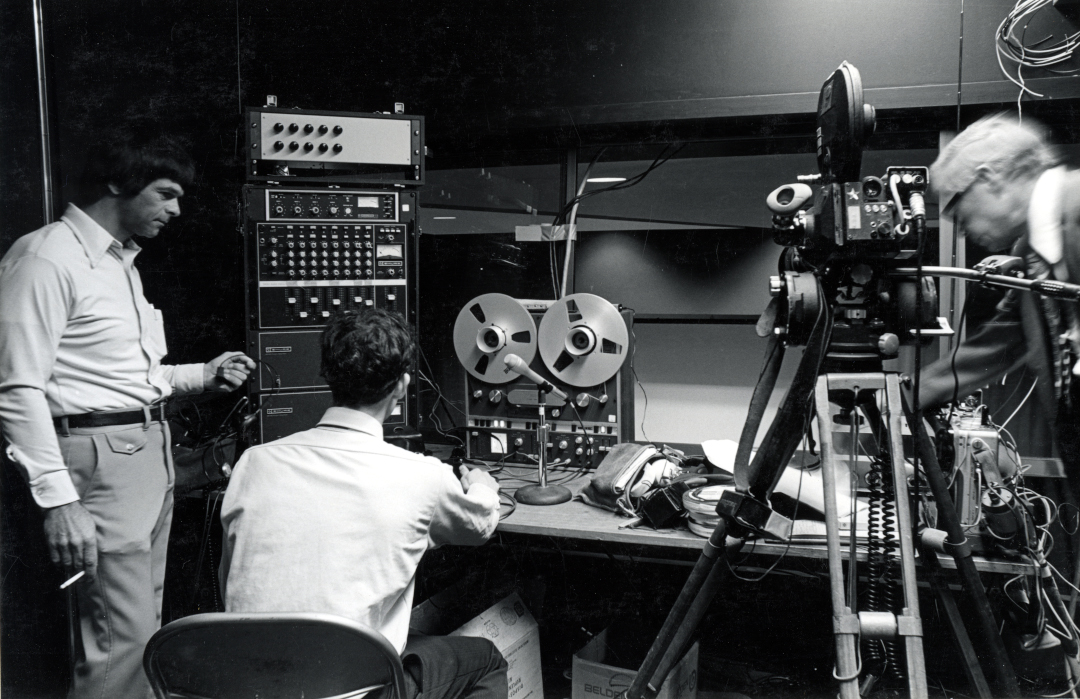 Sound and film crews, opening night - Louis B Mayer Theatre, Santa Clara University - 1975